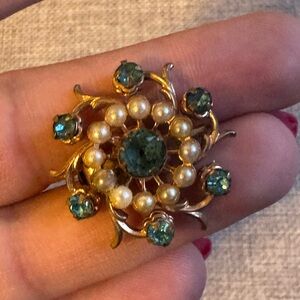 Vintage Gold Tone, Blue Crystals and Faux Pearls Brooch